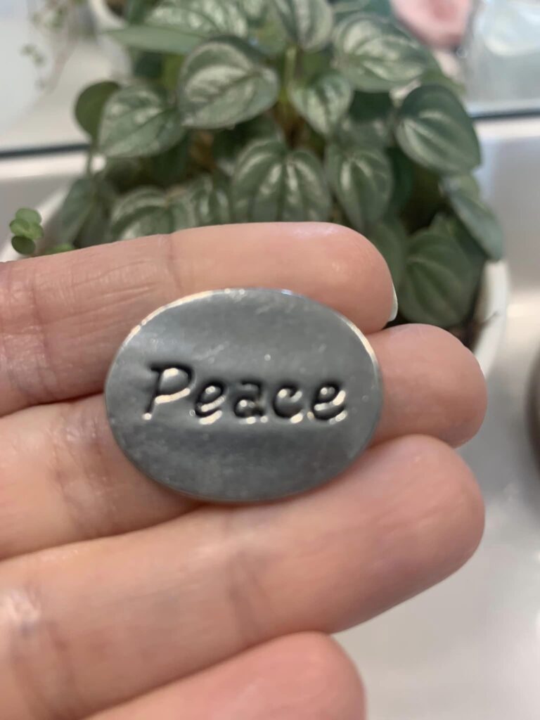 hand holding small, round silver trinket with dove on it
